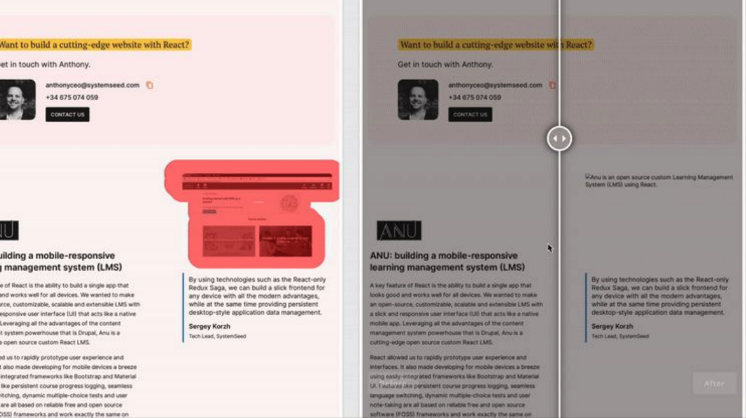 Split screen showing change areas highlighted by the visual regression tool