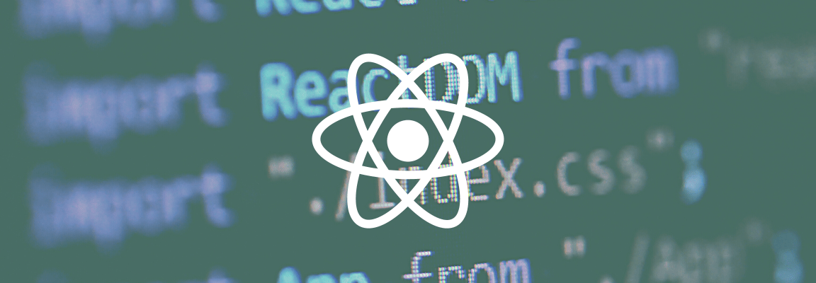 Blue filter over screen of React code. Overlaid by React logo. React performance article header - part one. Screen showing React code with React logo on top