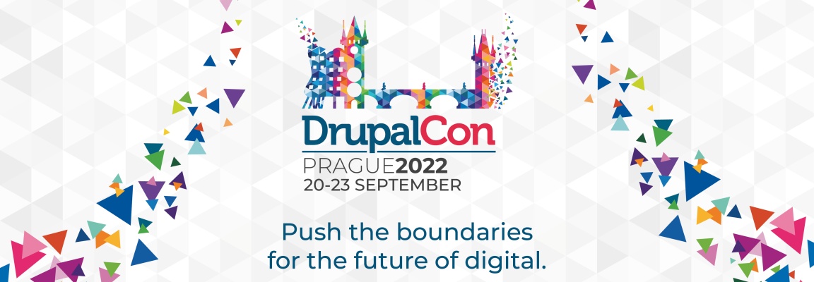 DrupalCon Prague promotional image DrupalCon Prague logo on colourful background