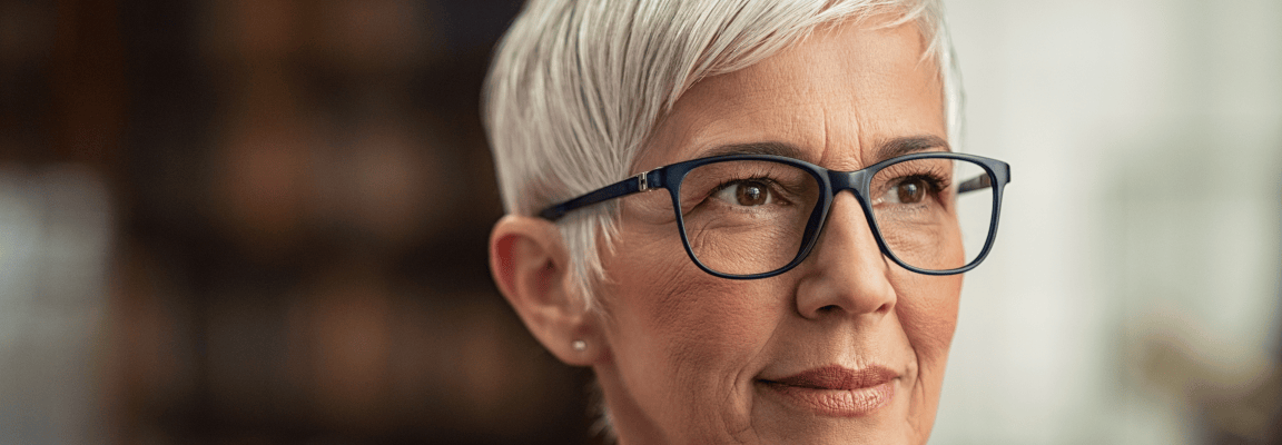 Tips for successful web development projects for nonprofits and NGOs Middle aged white woman with short grey hair and glasses looking thoughtful