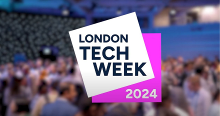 London Tech Week 2024 logo superimposed on a blurry image of a conference crowd