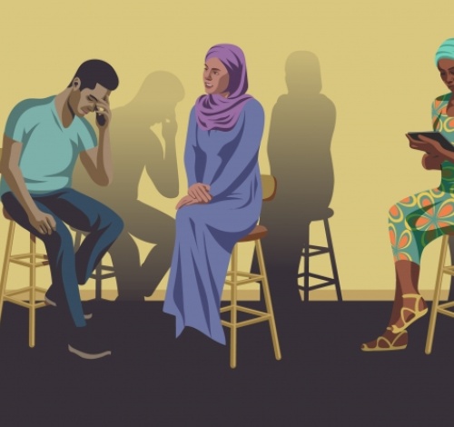 Illustration of one person being counselled by another whilst a training observer takes notes