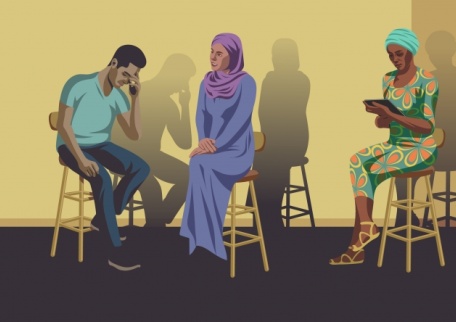Illustration of one person being counselled by another whilst a training observer takes notes